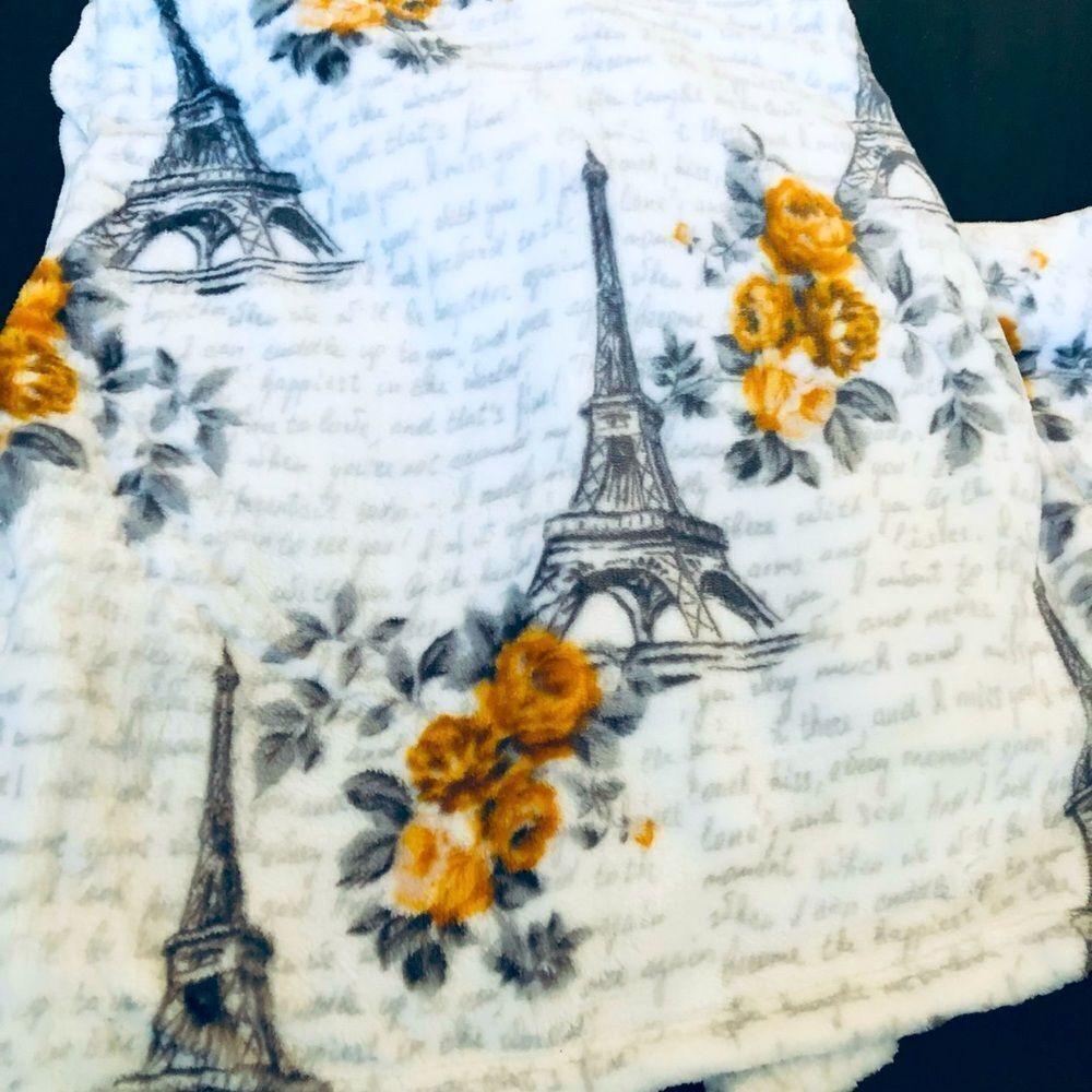 Paris France Yellow Rose Floral Eiffel Tower Plush Throw Blanket